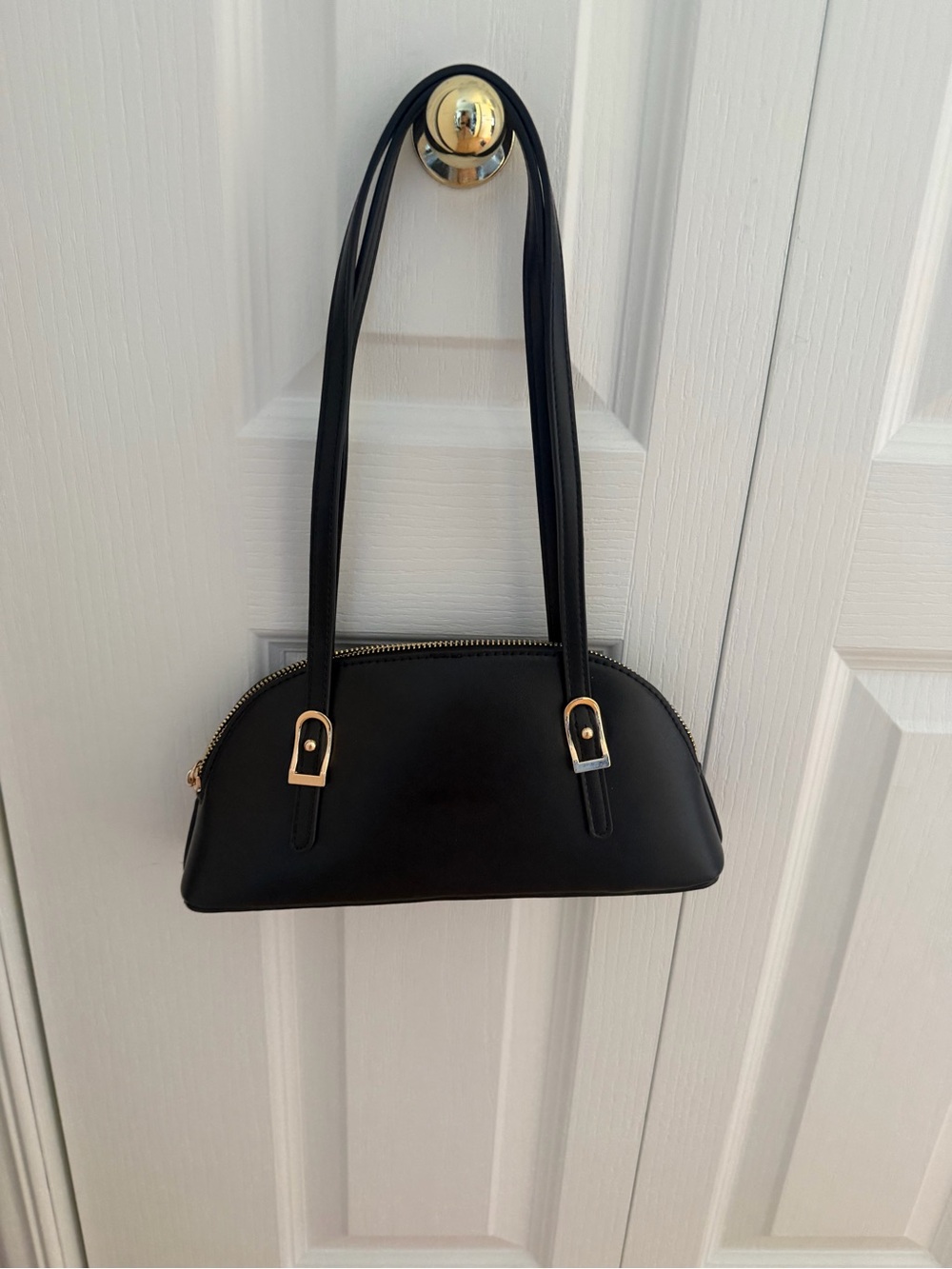 Classic Black Dome Shoulder Bag with Gold Hardware